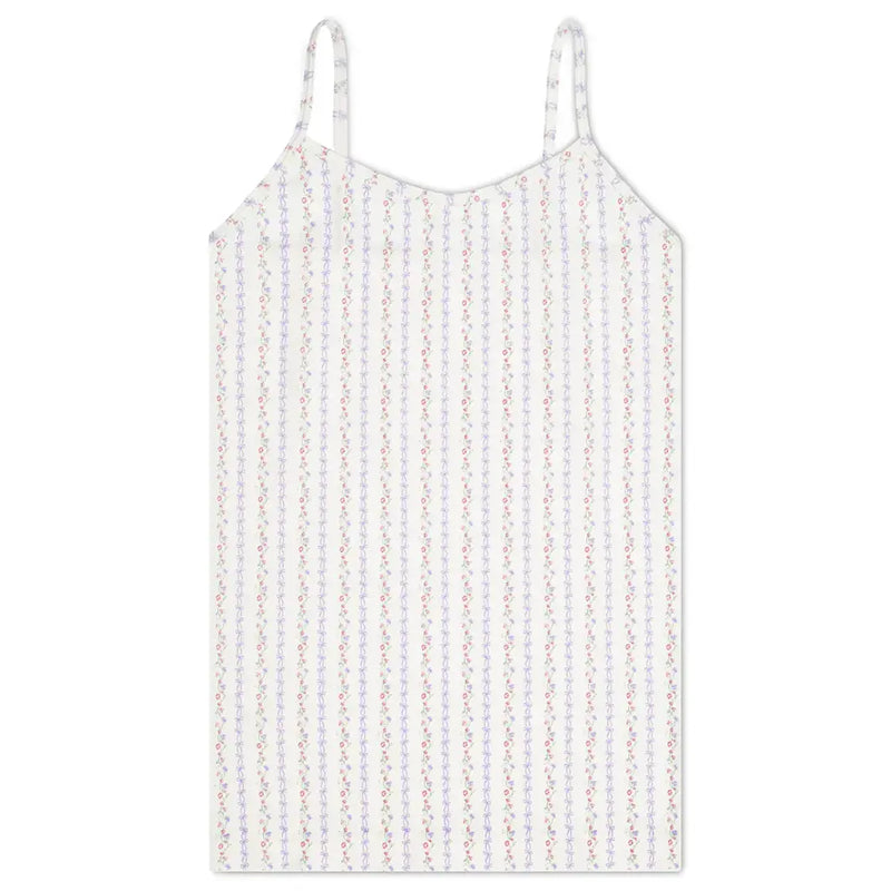 Close-up of cream cami with sweetheart vine print, perfect for camp layering