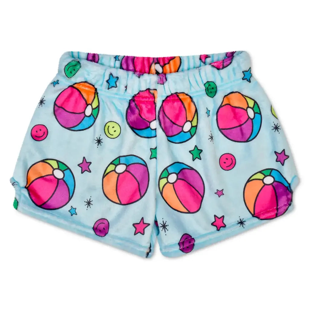 Beach Ball Plush Shorts for kids at sleepaway camp, cozy bunk life clothing