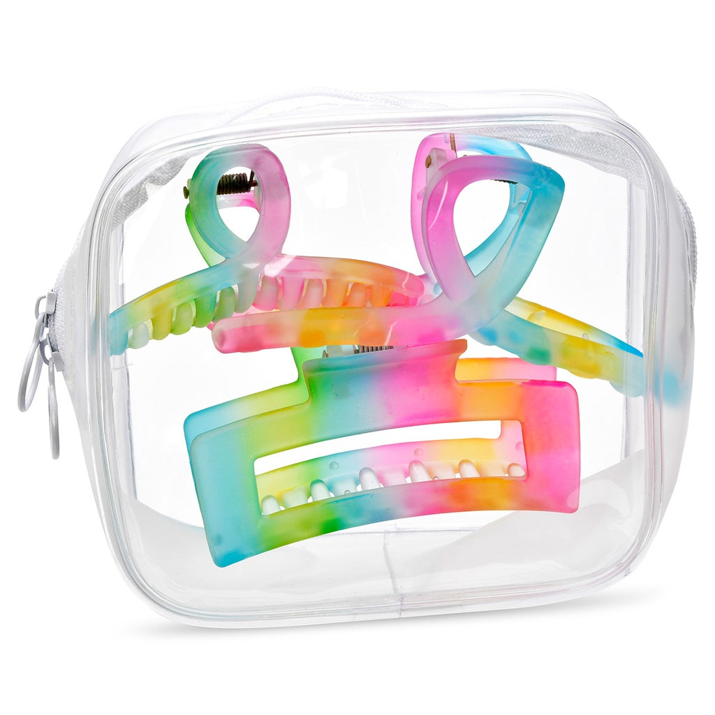 Rainbow hair clip set with colorful clips and matching pouch for camp hairstyles