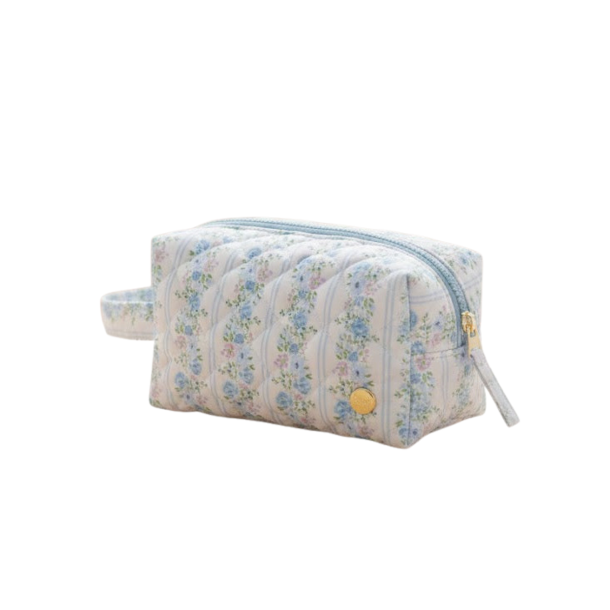 Blue floral striped quilted cosmetic pouch with a handle and gold zipper pull