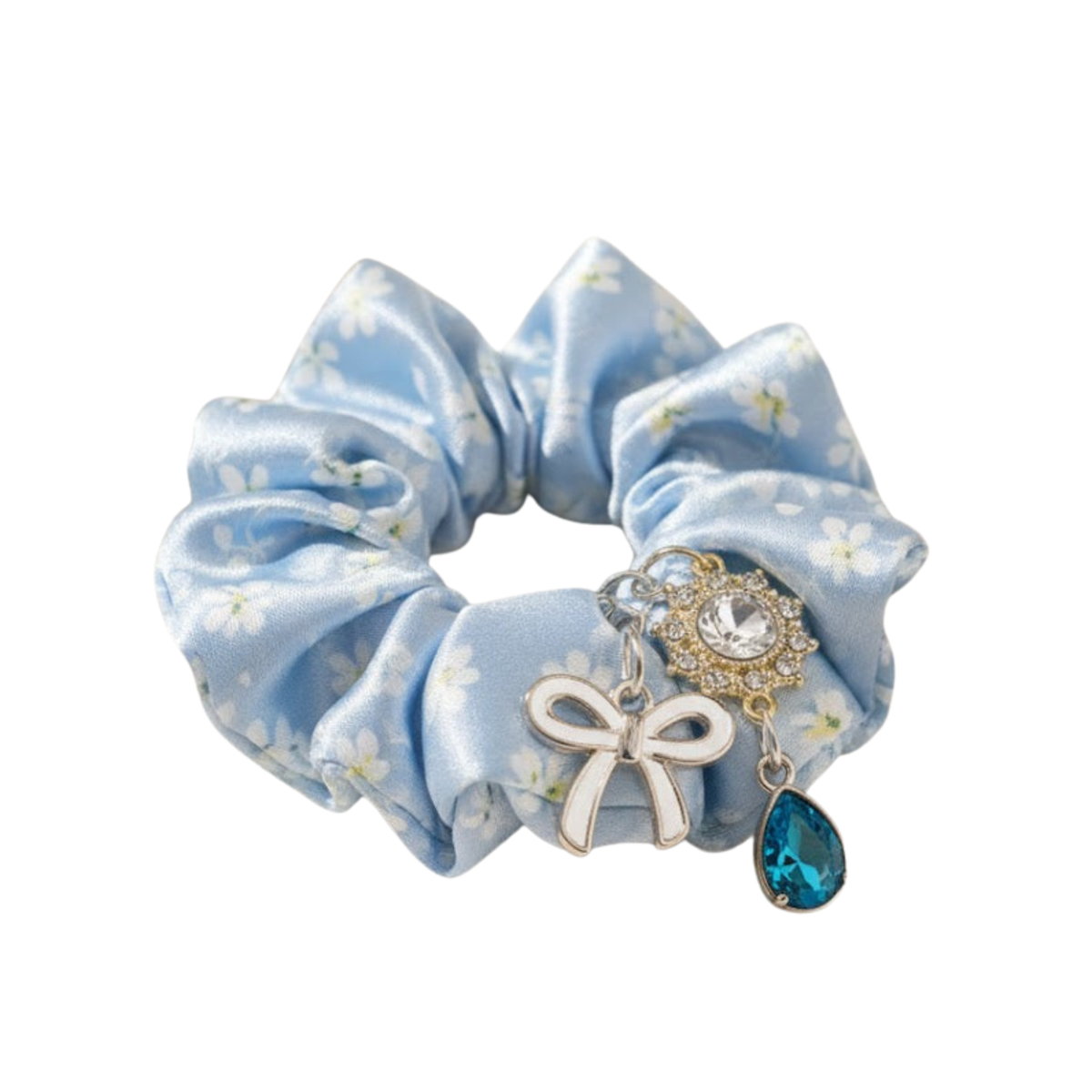 Light blue floral satin scrunchie with a white bow, crystal flower and teal teardrop charms