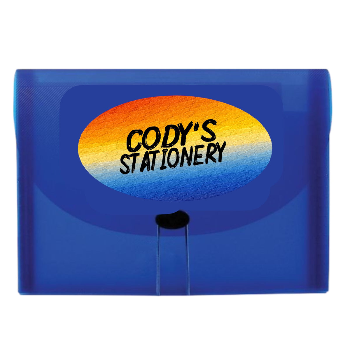 Heatwave 7-pocket file folder with orange yellow and blue sunset gradient oval design on blue translucent background