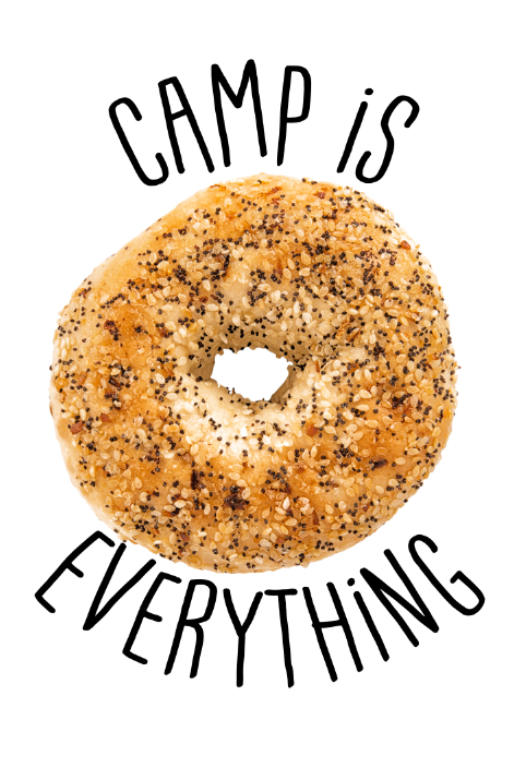 Close up of everything bagel with sesame seeds and poppy seeds on Camp Is Everything greeting card cover