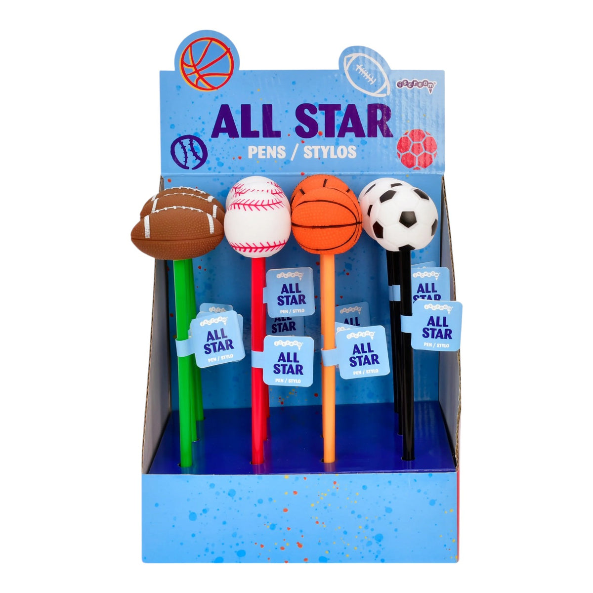 Fun camp writing pens with sports-themed designs