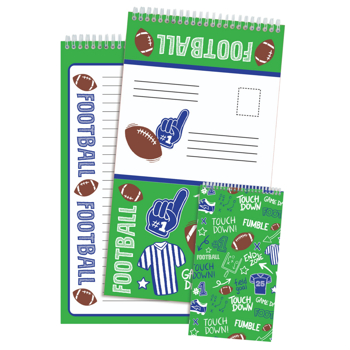 Corey Paige End Zone Seal and Send stationery with a football theme in green and blue