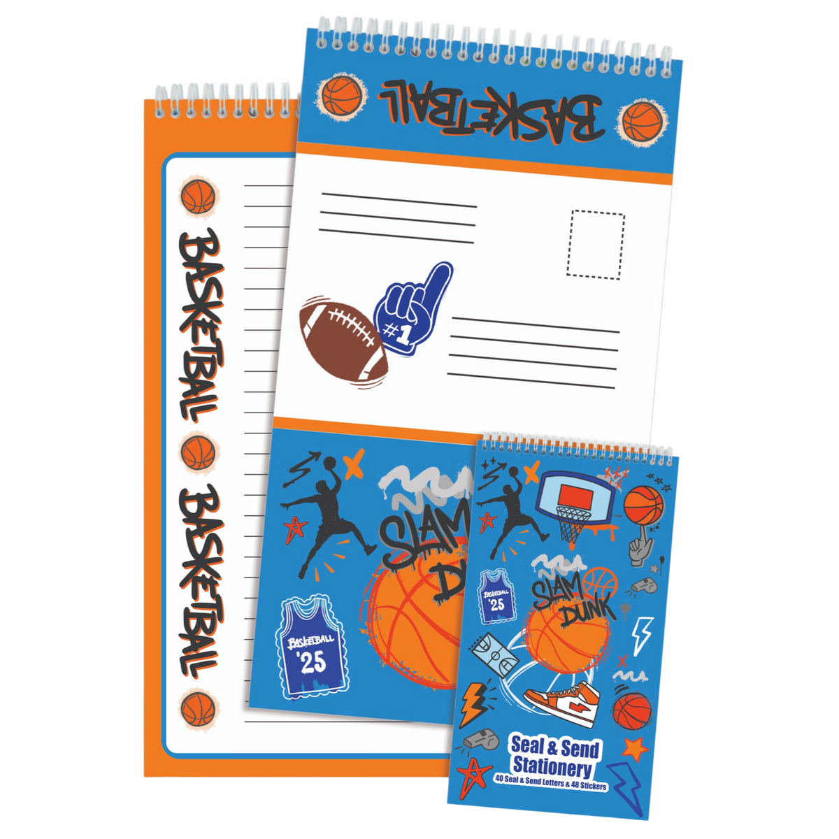 Corey Paige Slam Dunk Seal and Send stationery with a basketball theme in blue and orange
