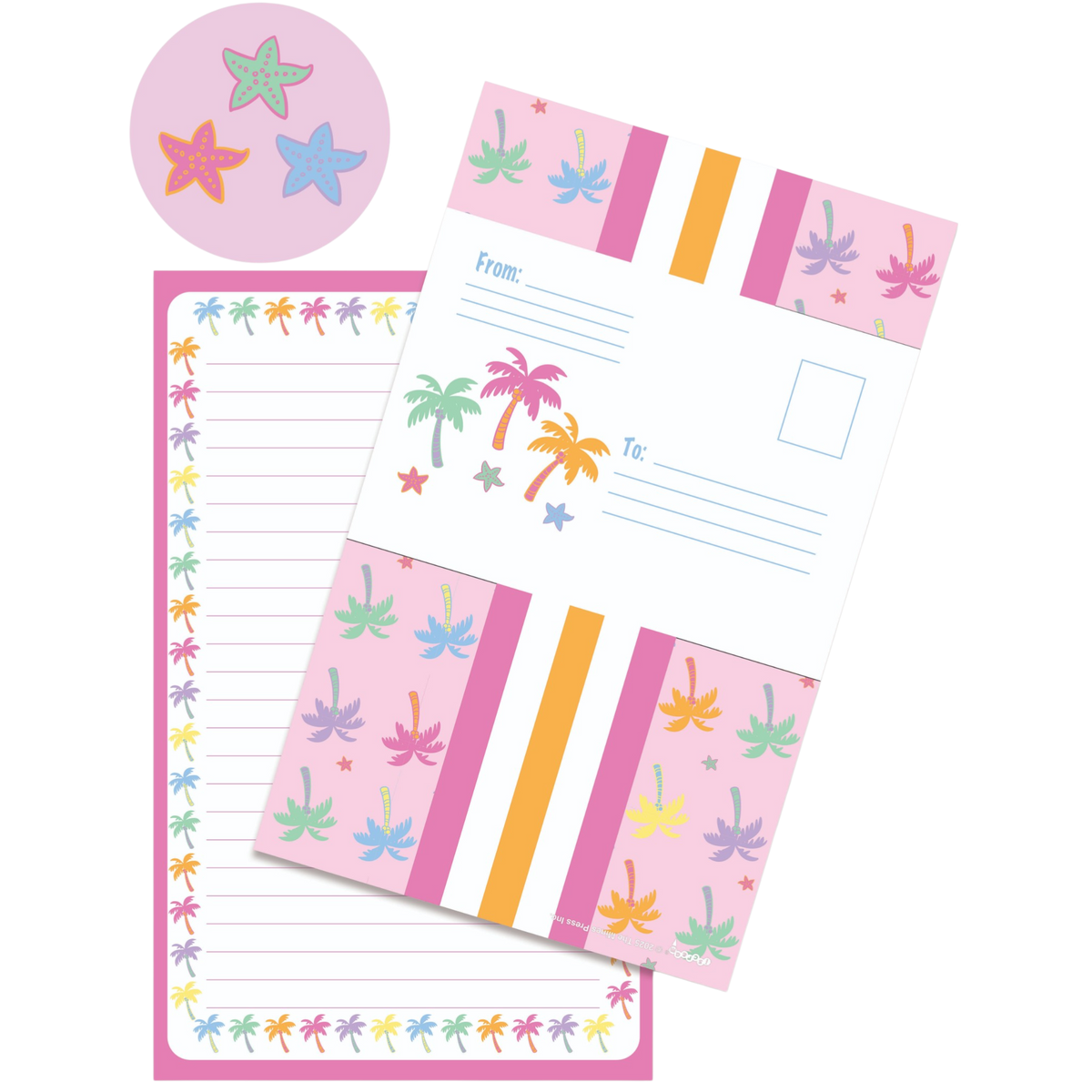 Palm Paradise foldover cards with colorful palm trees on pink with orange stripes, with starfish stickers