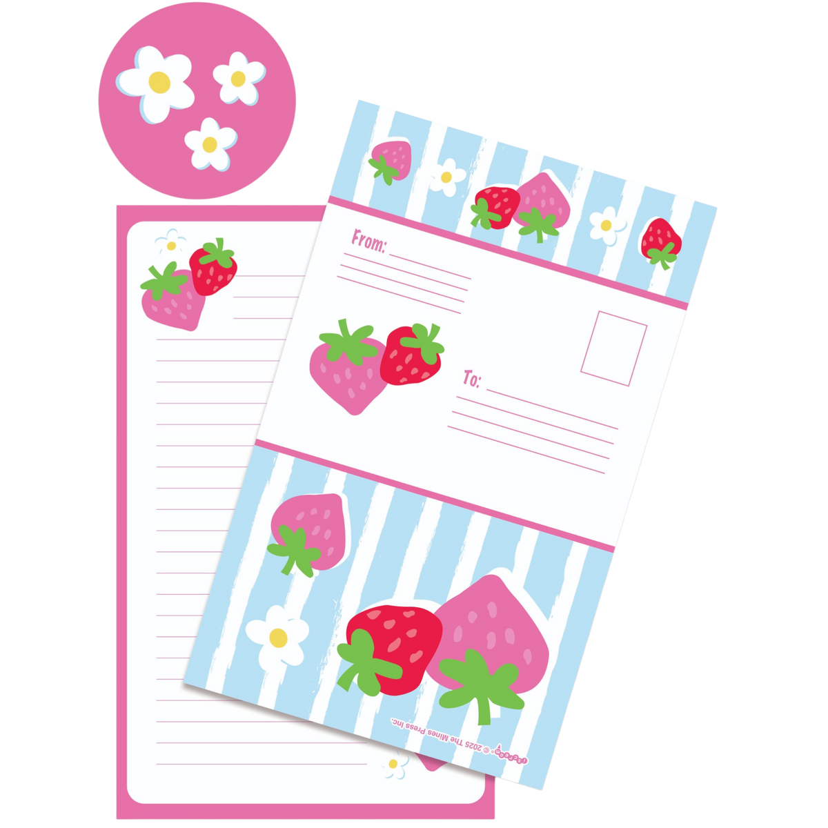 Strawberry foldover cards with strawberries and daisies on pink and blue stripes, with flower stickers