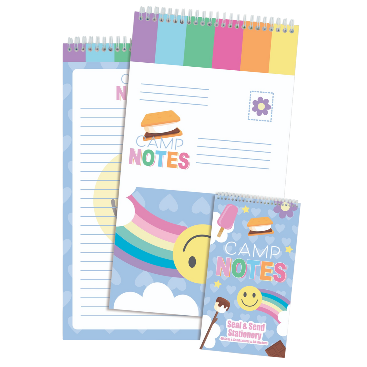 Camp Notes Seal and Send stationery with s'mores, rainbow, smiley sun and pastel stripes