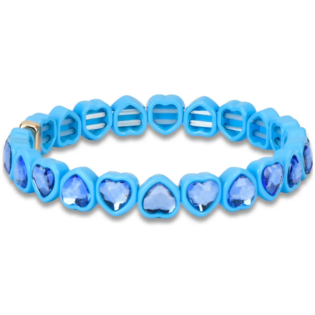 Blue heart stretch bracelet with faceted heart-shaped blue gemstones set in bright turquoise settings arranged in a circle