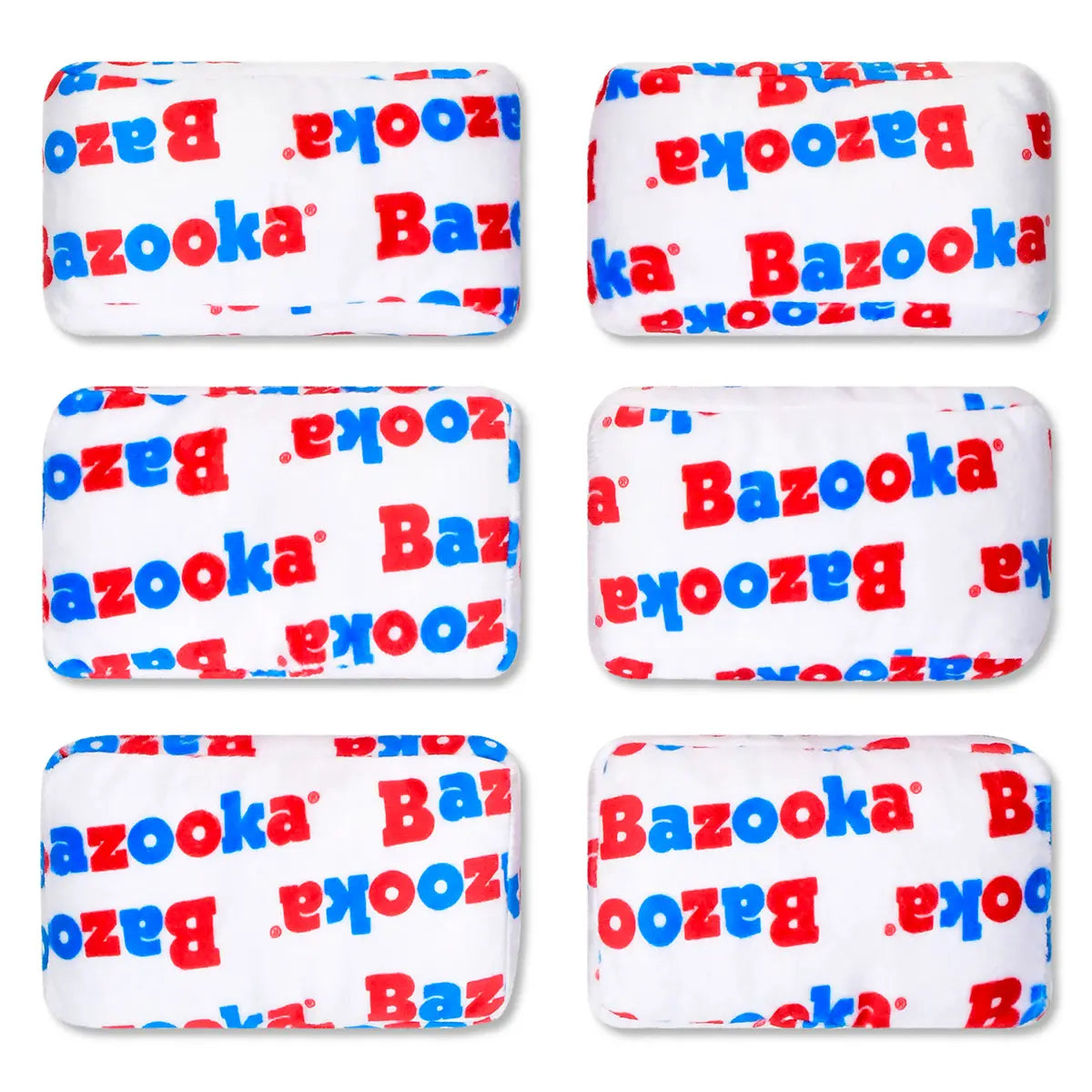 Six small plush Bazooka bubble gum pieces with red and blue Bazooka wrappers