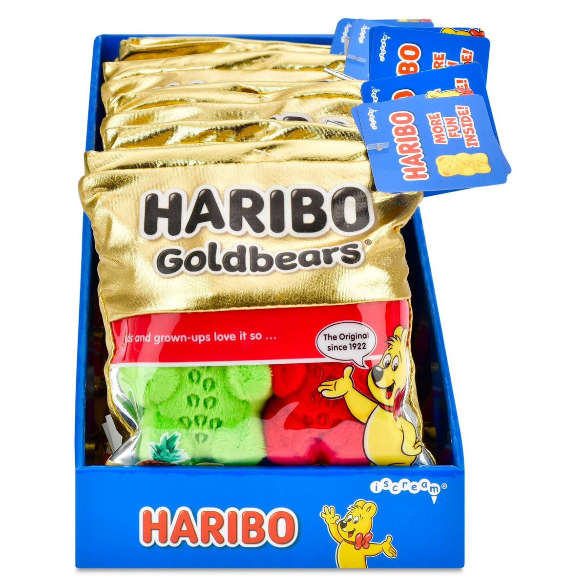 Display tray of Mini Haribo Goldbears plush bags in gold packaging with green and red bear plushies