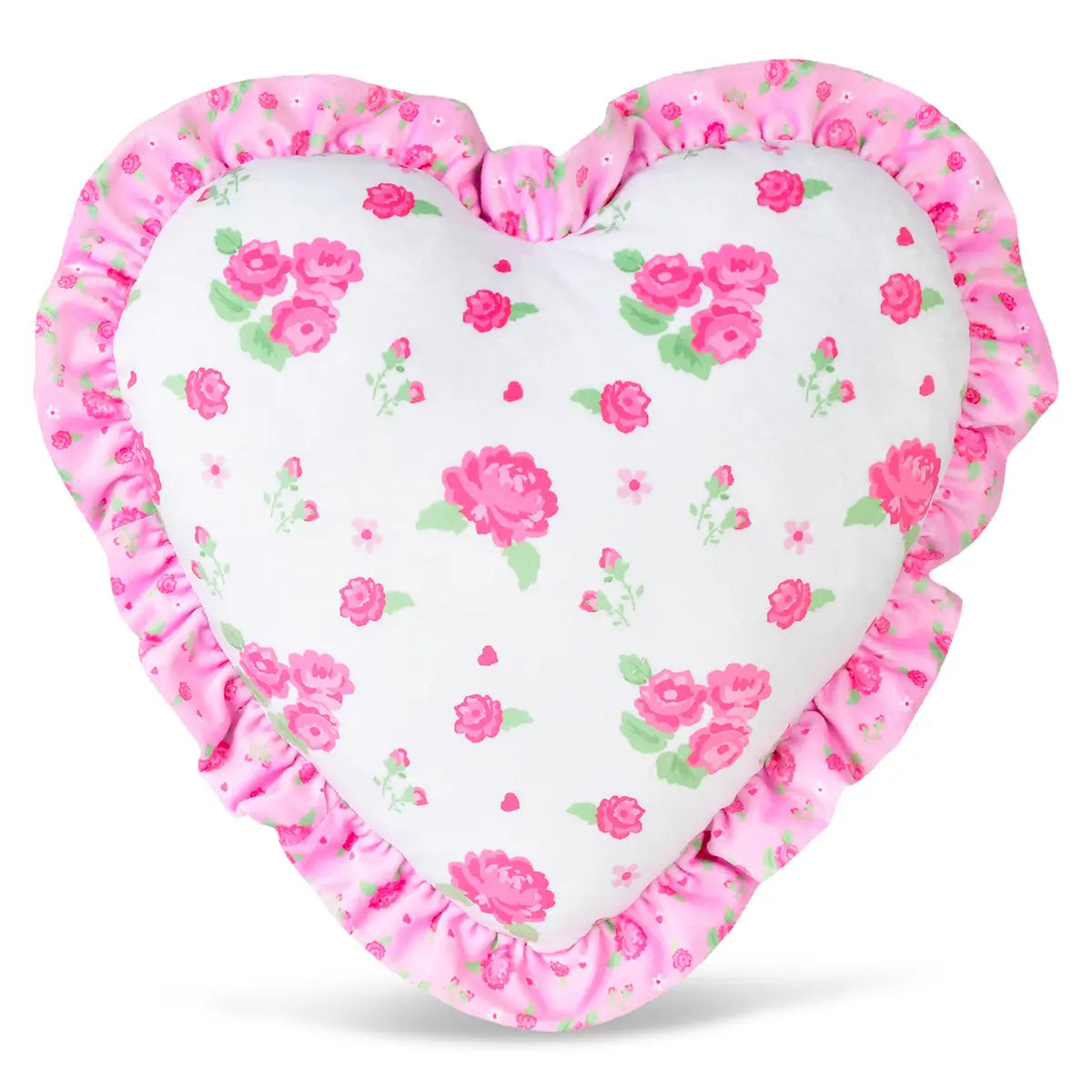 Pretty In Pink heart-shaped plush pillow with white center featuring pink rose floral print and pink ruffled floral border