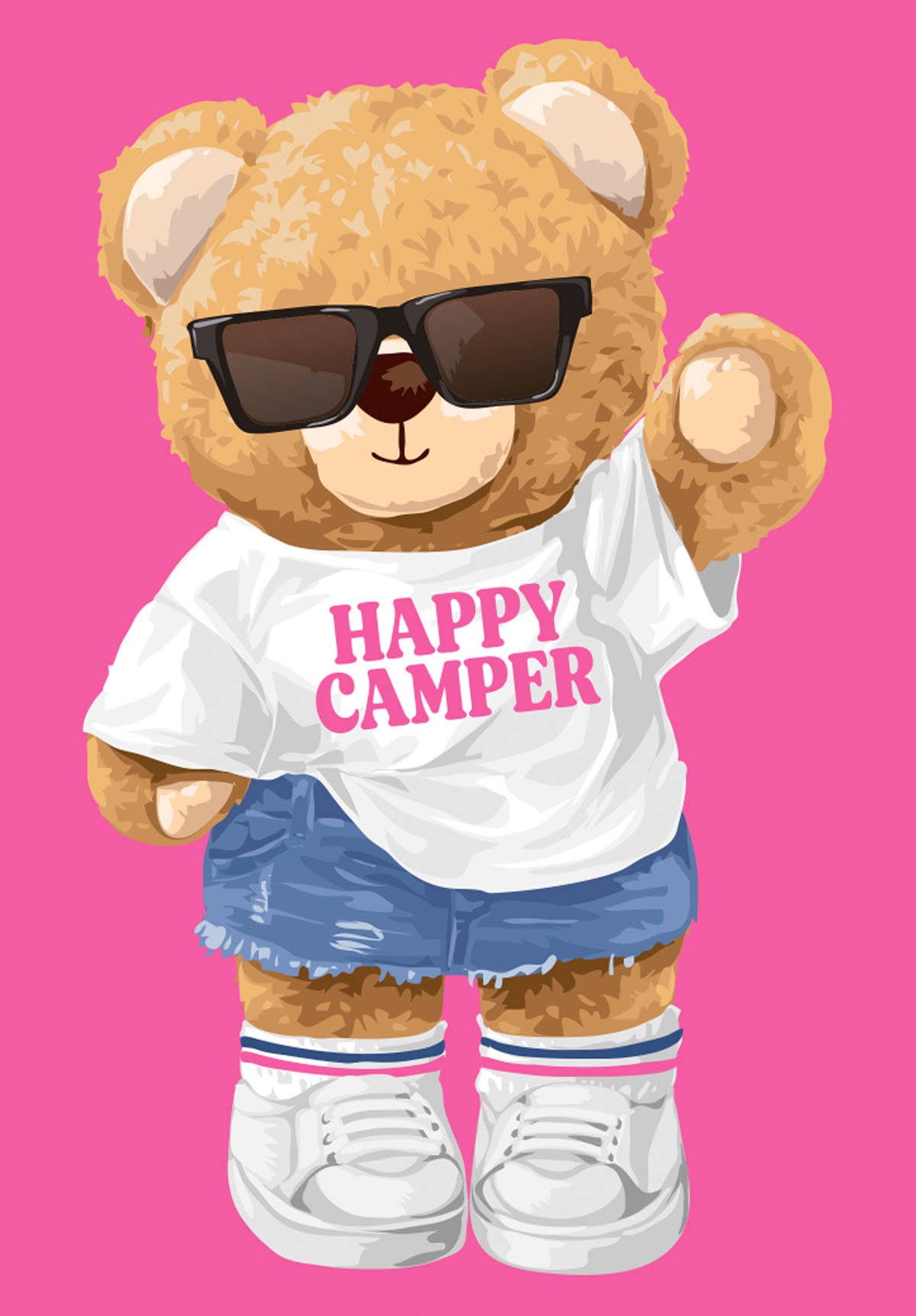 Close up of Happy Camper greeting card featuring cool teddy bear in black sunglasses, Happy Camper tee, denim shorts, striped socks and white sneakers waving on bright pink background