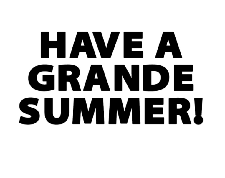 Inside of Camp Coffee greeting card showing text Have A Grande Summer in bold navy blue letters on light blue background
