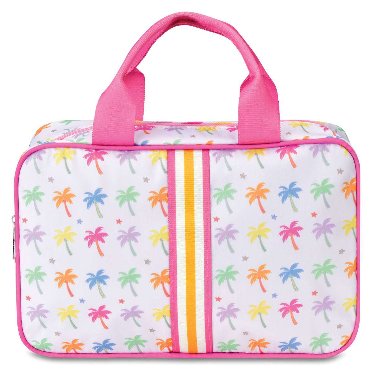 Palm Paradise large cosmetic bag with colorful palm trees, a hot pink trim and an orange and white stripe