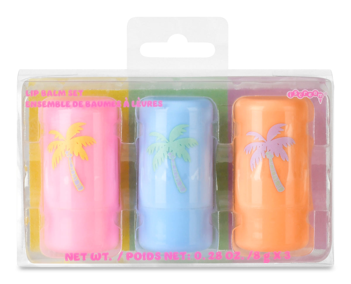 Palm Paradise lip balm set of three in pink, blue and orange tubes with palm tree designs