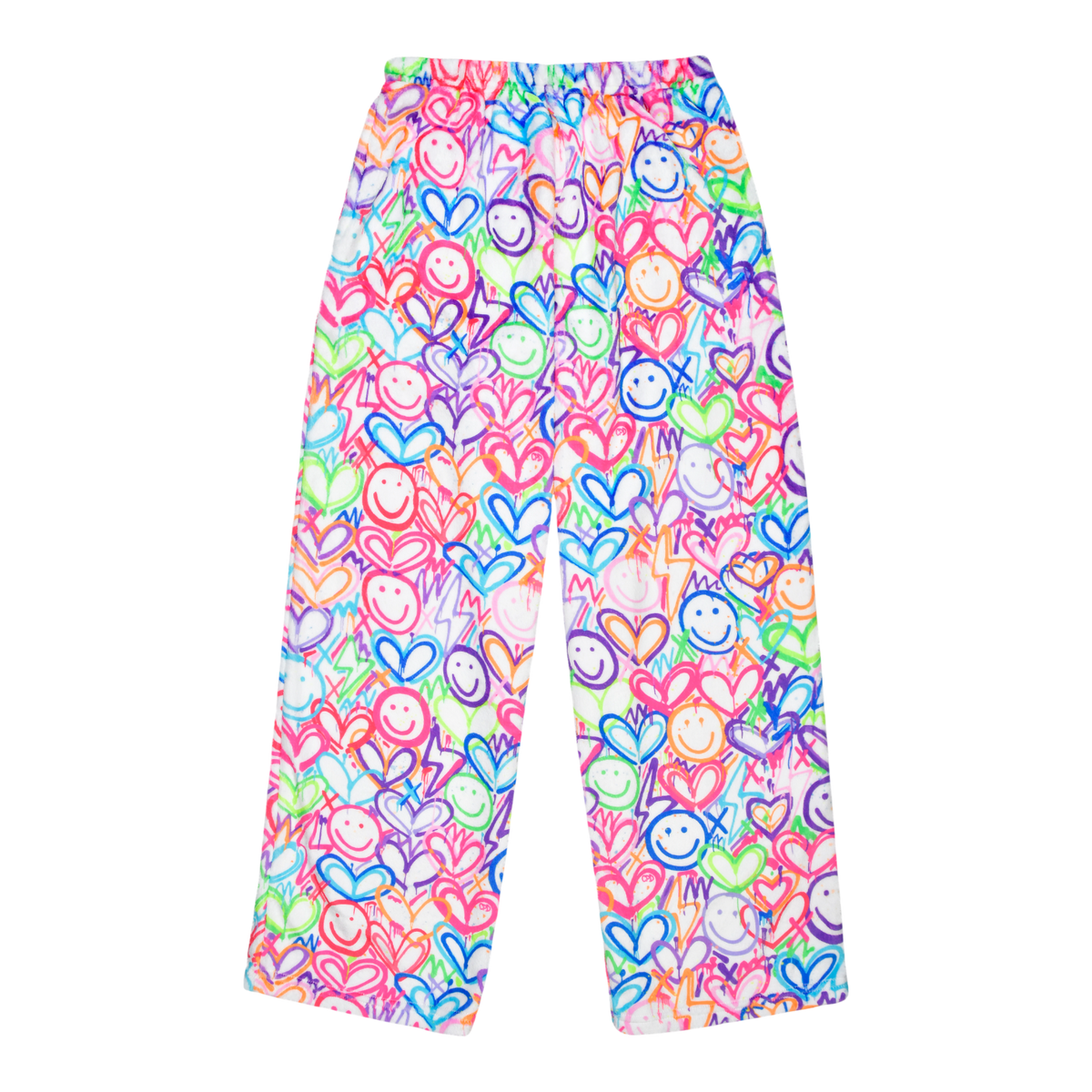 Corey Paige Lightning Love plush pants with neon graffiti hearts and smiley faces