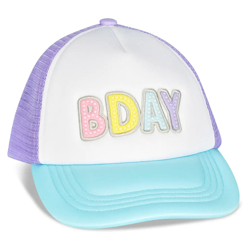 BDay Trucker Hat with pastel BDAY patch letters, purple mesh back and aqua brim