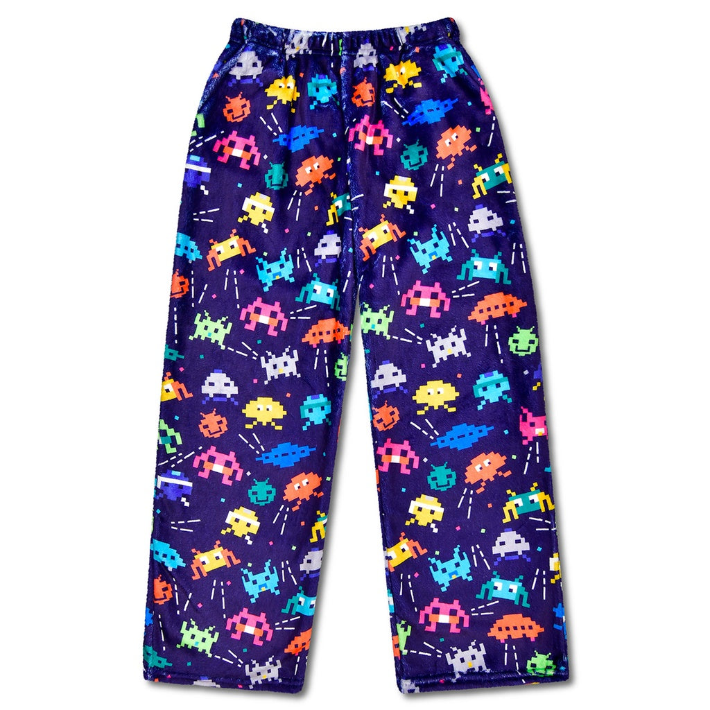Space Gamer fuzzy pajama pants in navy with colorful retro space invader game characters and pixel graphics