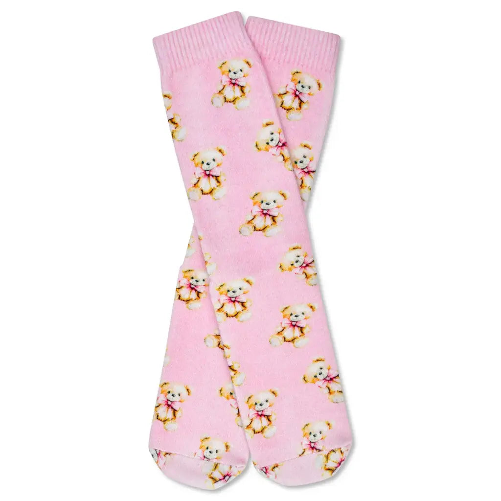 Camp socks with bear pattern on pink background