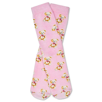 Camp socks with bear pattern on pink background