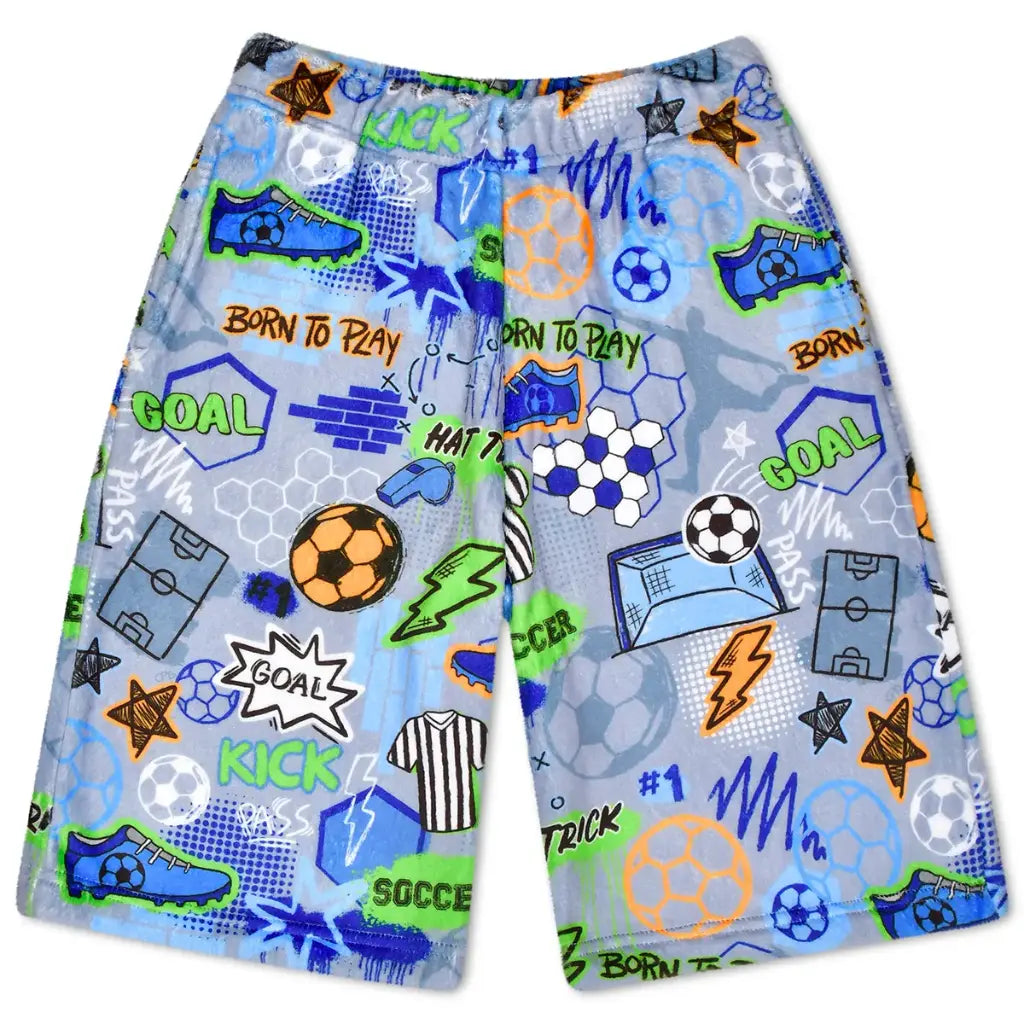 Light blue plush soccer shorts with colorful soccer print featuring cleats, soccer balls, stars, and Born To Play graphics