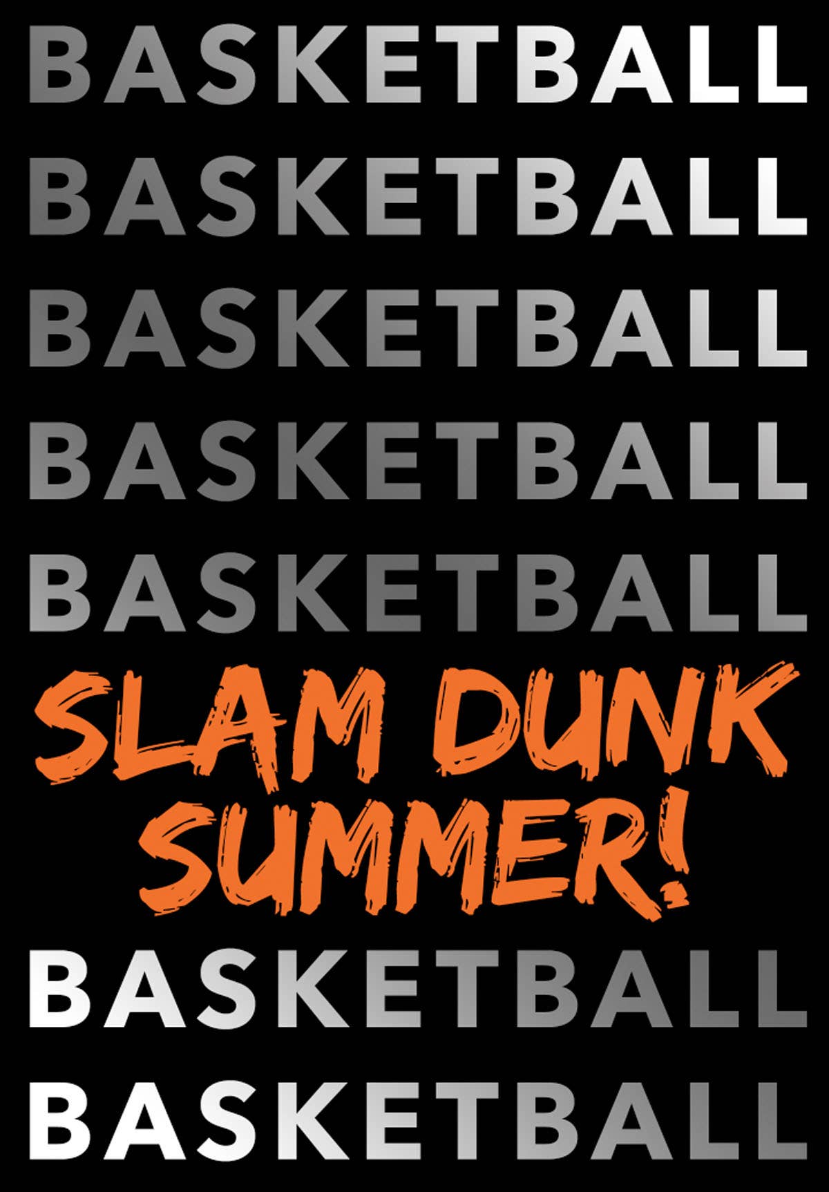 Close-up of Basketball Slam Dunk Summer card showing bold typography pattern with gray BASKETBALL text and orange handwritten style lettering on dark navy background