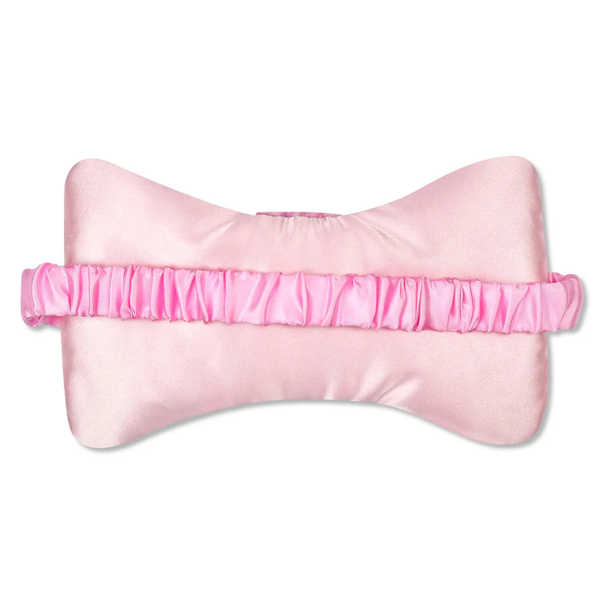 Bow Eye Mask back: pink satin bow-shaped sleep mask with a ruched pink elastic strap