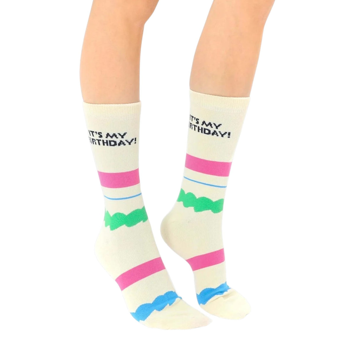 Happy Birthday 3-D Socks worn: cream crew socks with pink and green stripes reading It's My Birthday