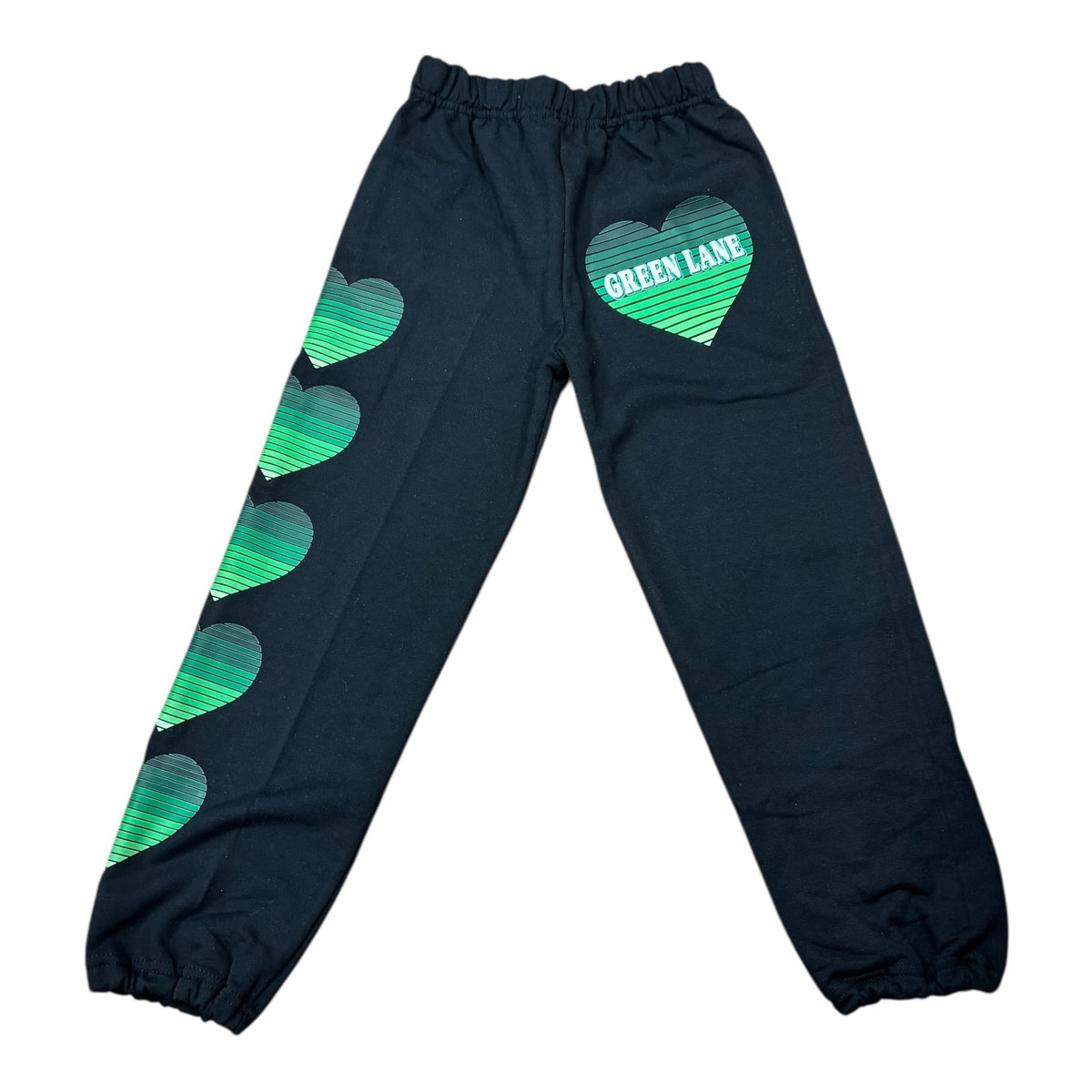Black sweatpants with green striped heart reading GREEN LANE and a column of hearts down the leg