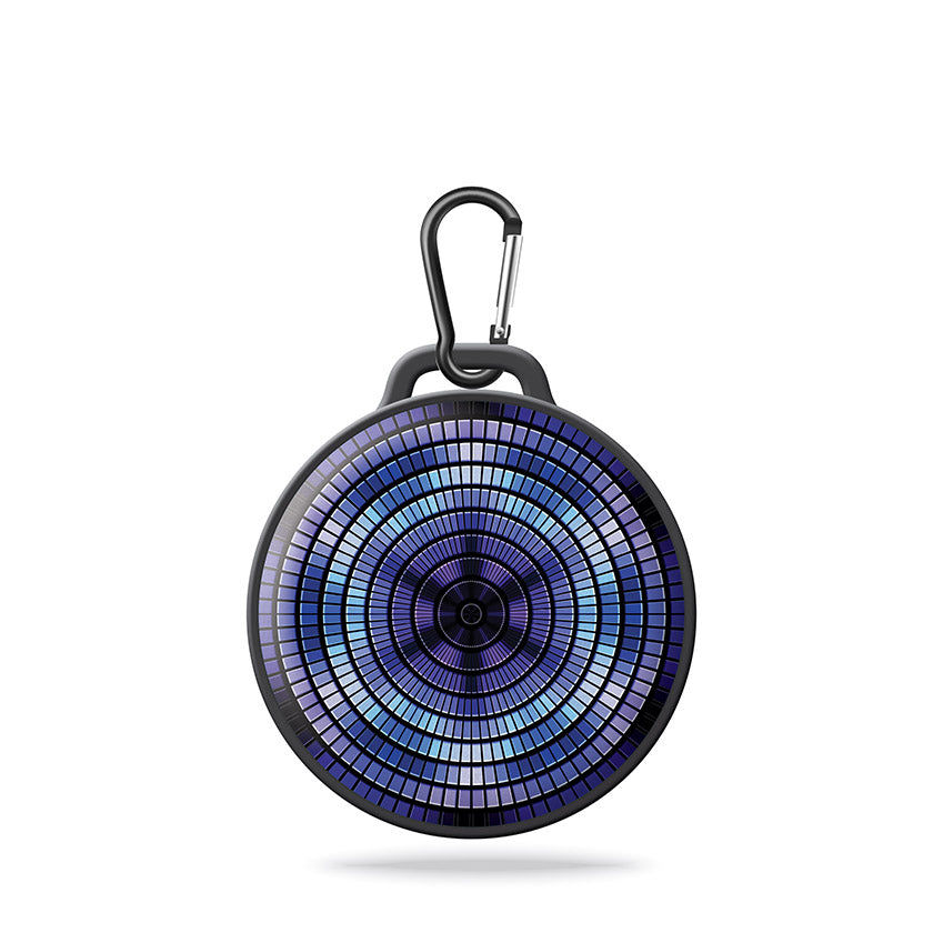 Blue Steel Bluetooth Speaker with black carabiner clip showing circular concentric pattern design in blue, purple and silver tones