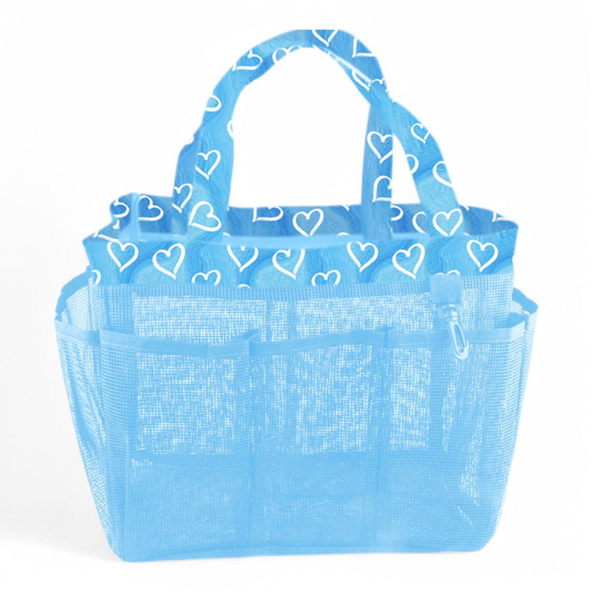 Blue mesh shower caddy with white painted hearts pattern and dual handles, perfect for organizing camp toiletries