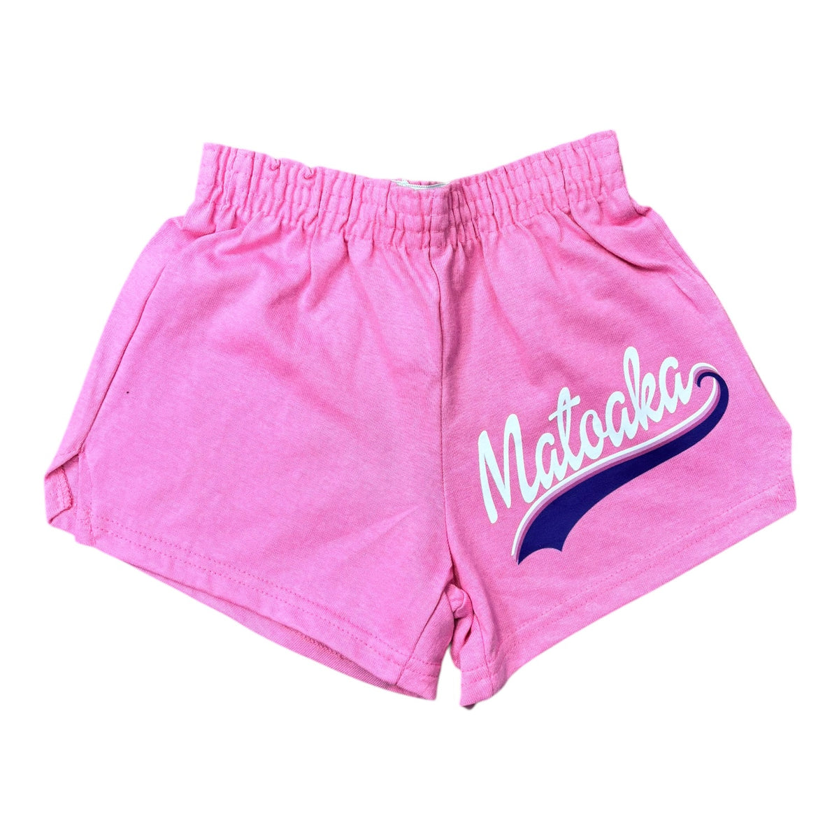 Camp Swoosh Cheer Shorts in pink with "Matoaka" in white script with a purple swoosh tail