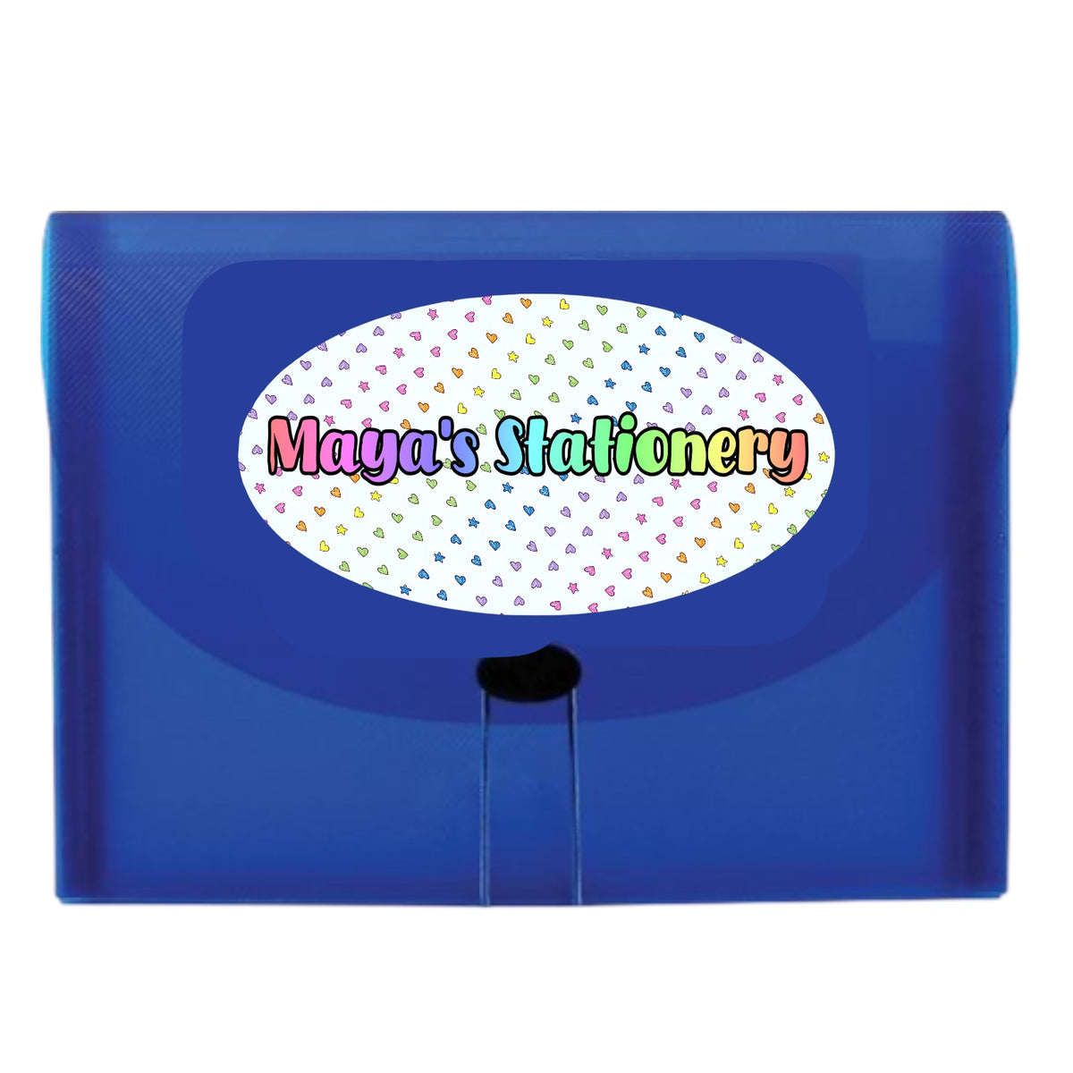 Blue translucent 7-pocket expandable file folder with white oval Bee Bee Stationery label featuring colorful hearts and stars pattern on white background
