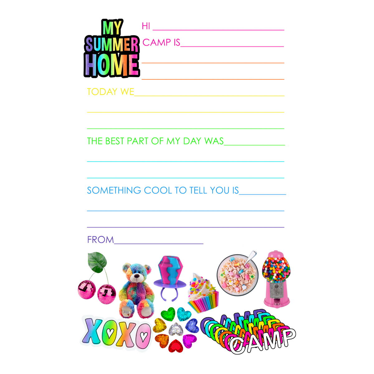 My Summer Home Fill-In camp notepad with rainbow prompts and stickers like a bear, cherries and gumball machine