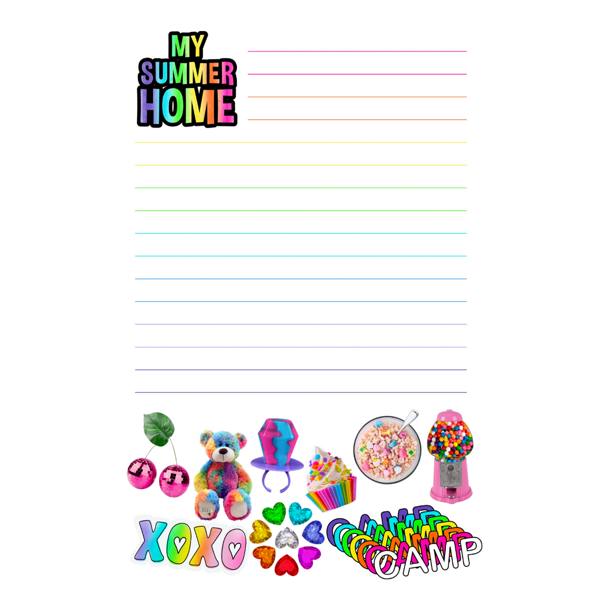 My Summer Home lined camp notepad with rainbow lines and stickers like a bear, cherries and gumball machine