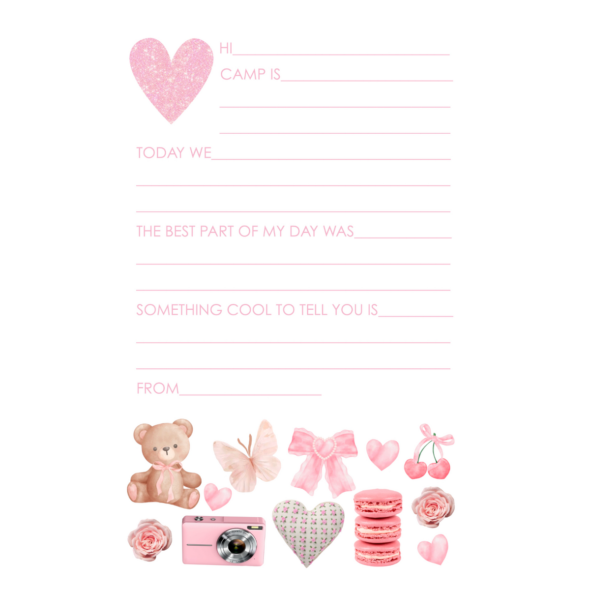 Preppy Fill-In camp notepad in pink with a glitter heart and bear, bow, butterfly, camera and macarons