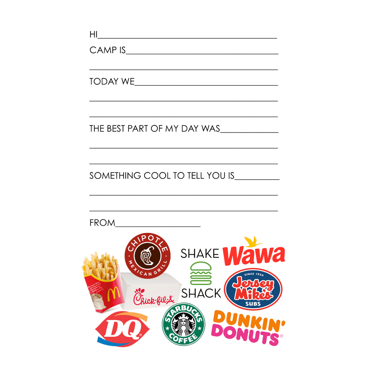 Fast Food Fill-In camp notepad with Hi, Camp is and Today we prompts and logos like Chipotle, Wawa and Dunkin'
