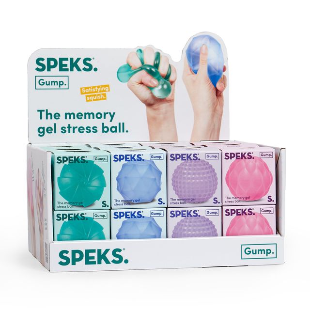 SPEKS Gump memory gel stress ball countertop display in teal, blue, purple and pink