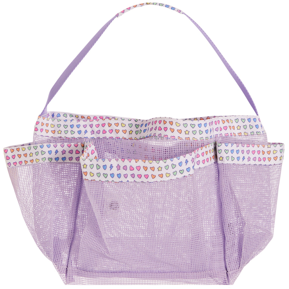 Purple mesh tote bag with heart patterns on a white background