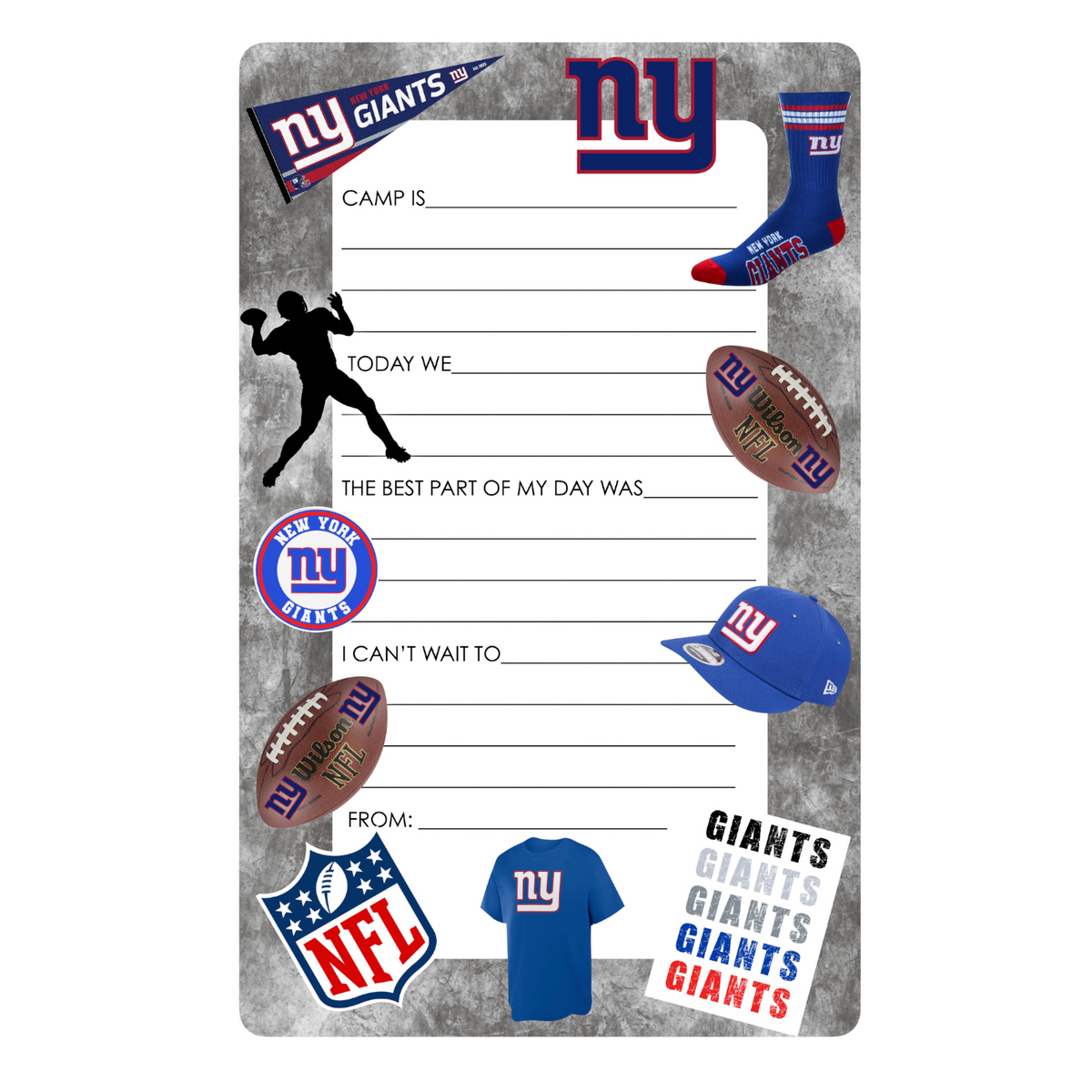 NY Giants Fill-In camp notepad with a gray border, NY logo, pennant, footballs, cap, tee and NFL shield