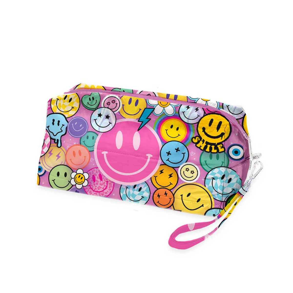 Smiley face cosmetic puffer bag with bright colors for kids, perfect for camp, travel, and sleepovers. Bee Bee Designs