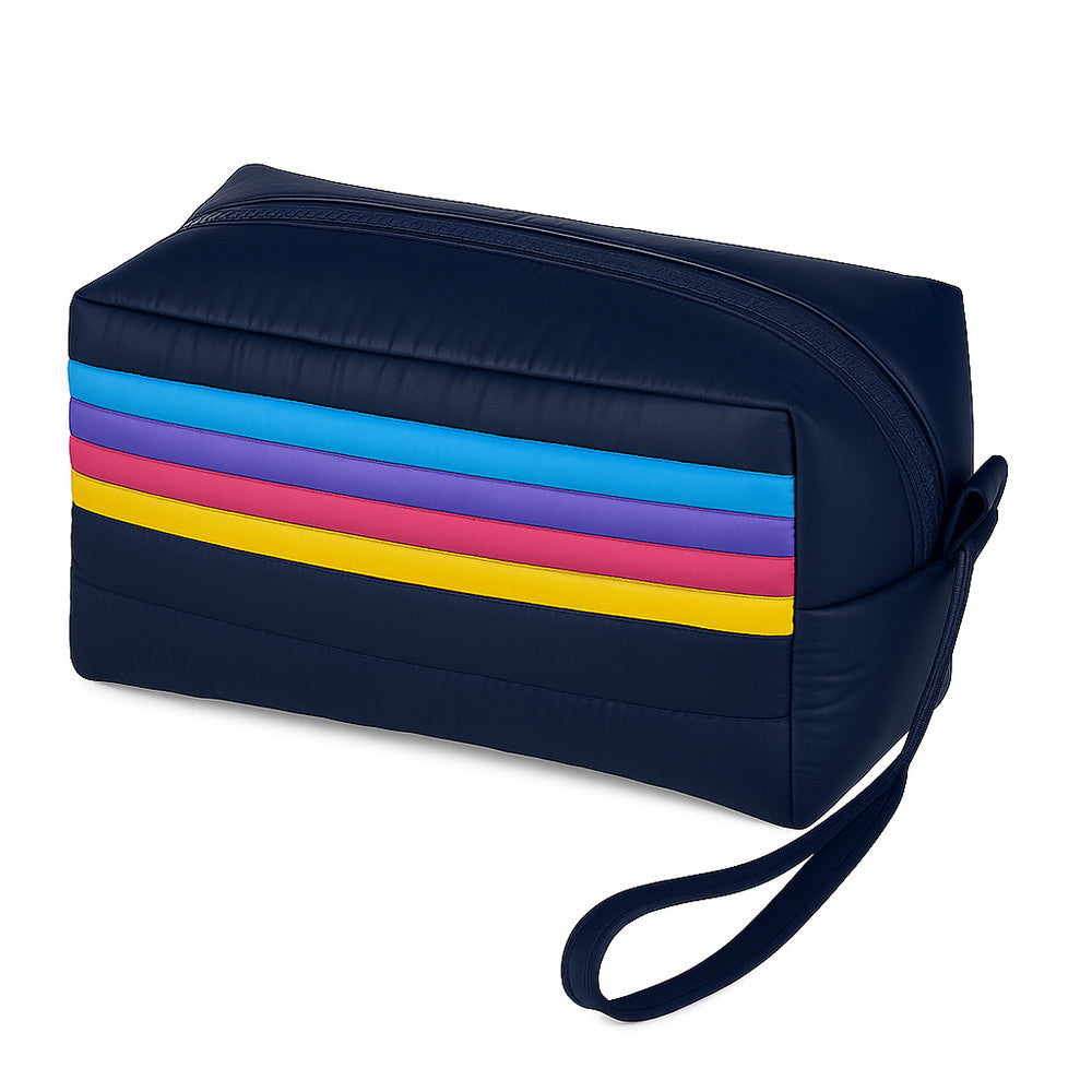 Navy blue puffer cosmetic bag with retro rainbow stripes in pink, purple, blue, and yellow with wristlet strap