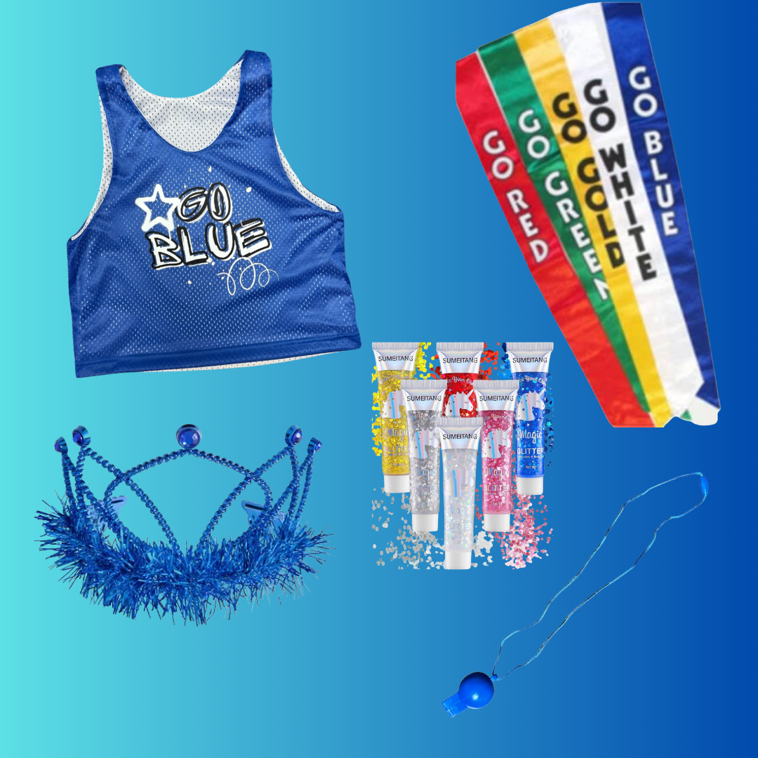 Girls Go Blue Team Bundle with blue reversible graffiti mesh pinnie, rhinestone tiara, color war socks with go blue gold white text, body glitter tubes in blue green yellow red, and blue whistle on string