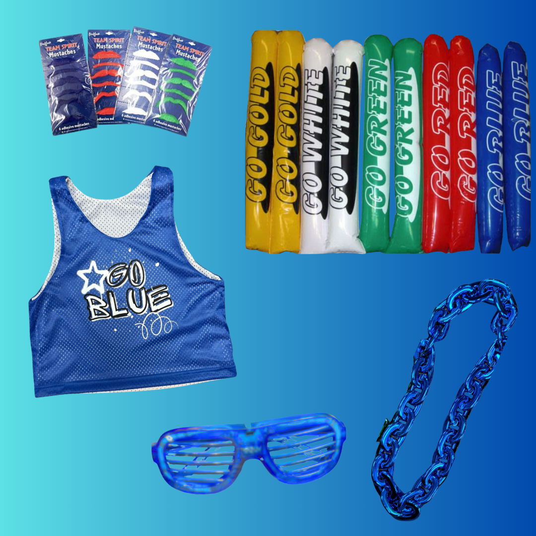 Boys Go Blue Team Bundle with blue reversible mesh pinnie, inflatable go team flags in yellow white green red and blue, light up shutter glasses, color war mustaches in multiple colors, and blue camp color chain