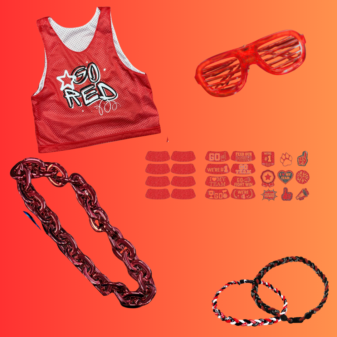 Go Red Boys Bundle with reversible red and white mesh tank top with So Red 4 You text, red slotted sunglasses, red chain necklace, team eye black stickers and red black braided bracelets on orange background
