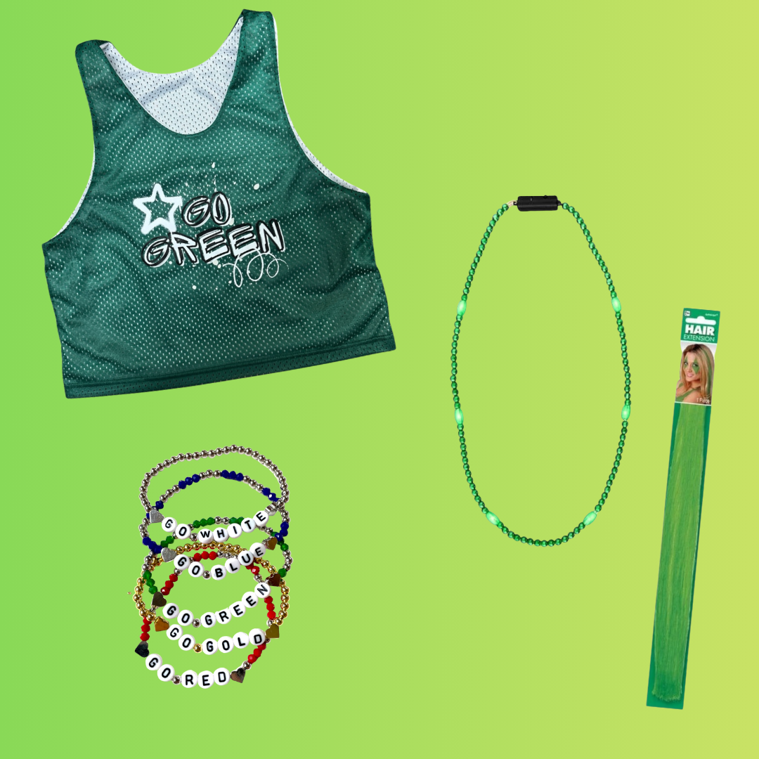 Go Green Girls Bundle with green reversible graffiti mesh pinnie, green hair extension, go team heart bracelet, and green light-up necklace on lime green background
