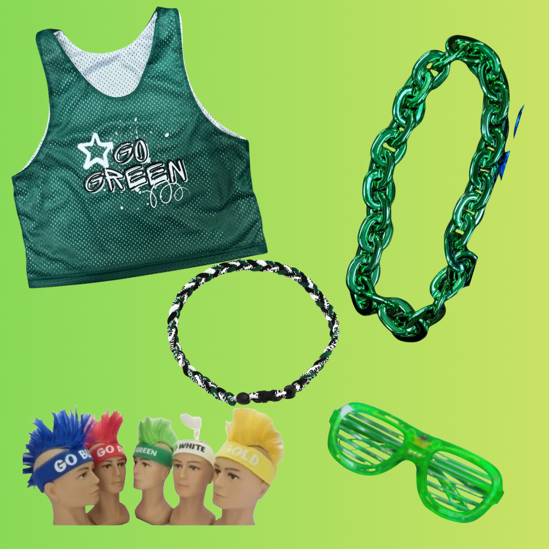 Go Green Boys Bundle with reversible green graffiti mesh pinnie, metallic green chain necklace, light-up shutter glasses, green mohawk headband, and braided tornado necklace on bright green background