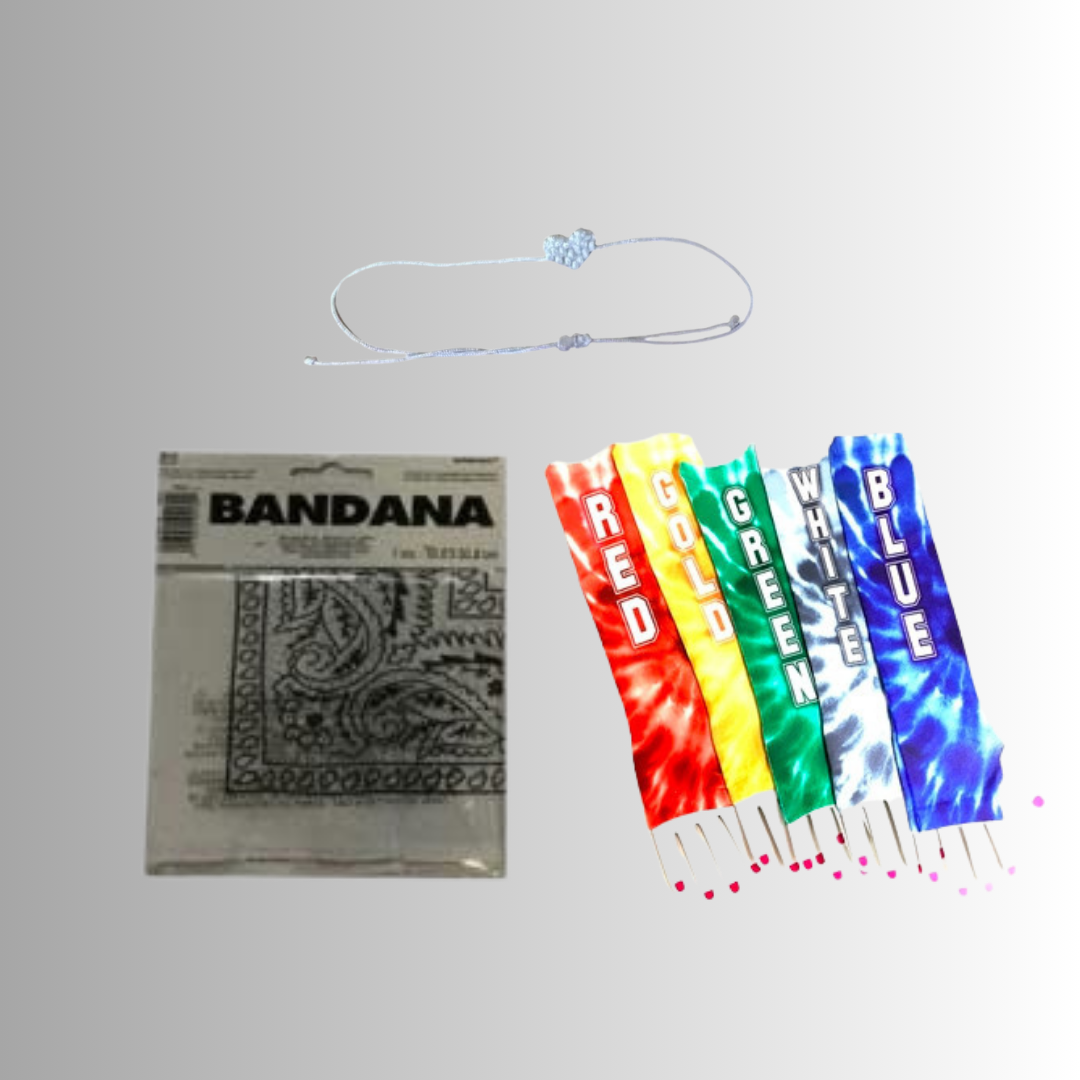 Go White Girls color war bundle with gray bandana featuring paisley print, white tie-dye sleeve with team design, blue beaded heart string bracelet and clear mesh laundry bag with camp tags